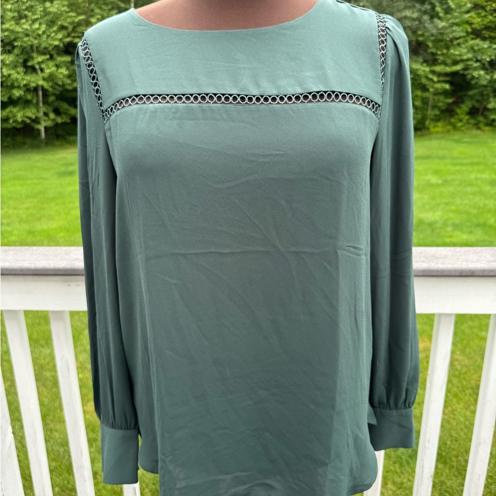LOFT Green Long Sleeve Blouse with Lace Trim